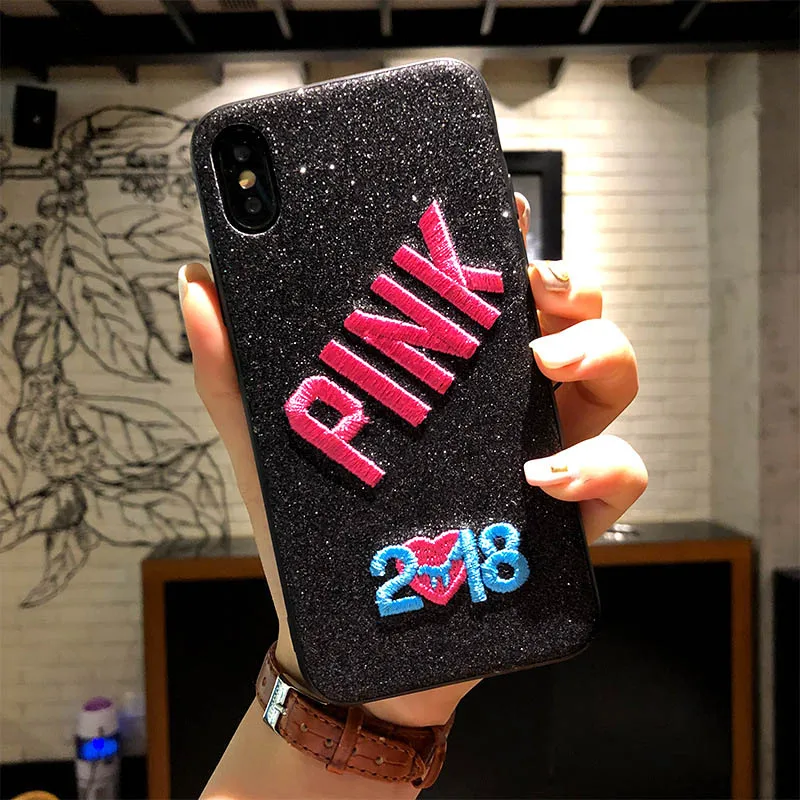 Fashion Pink Style Embroidery Mobile Phone Cases For iPhone X Glitter Back Cover 7 8 Plus Anti-knock Telefone Caixa |
