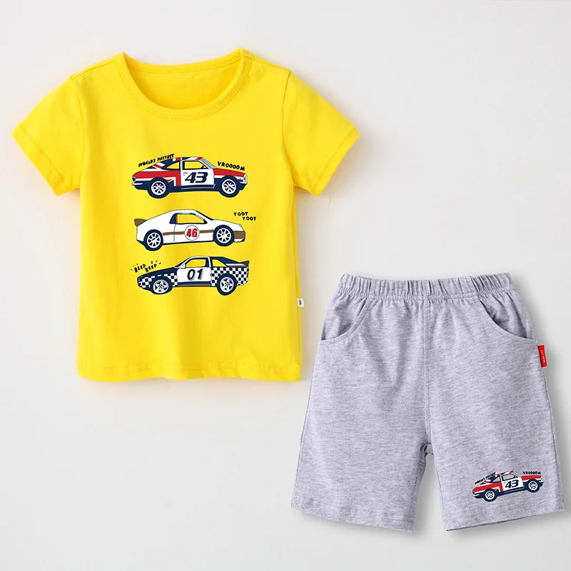 Summer New Kids Clothes Boys Cartoon Car Tops Short Sleeve T-shirt With Casual Shorts Tracksuit 2pcs Outfits Set |