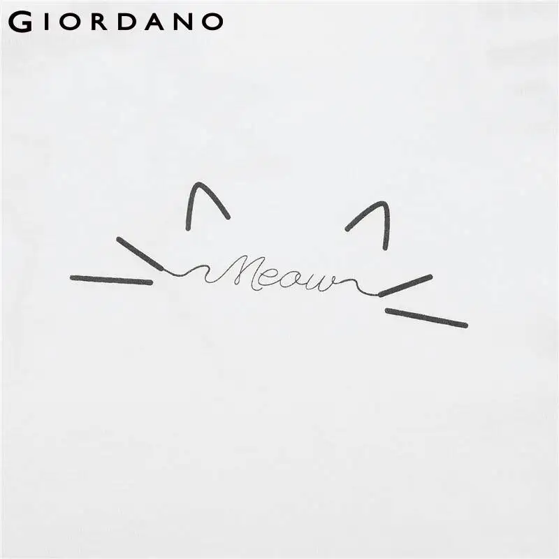 Giordano женская футболка белая с графическим принтом рисунком кота коротким