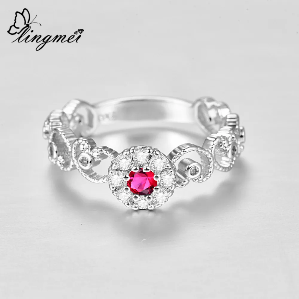 Lingmei Pretty, модное женское кольцо, простой стиль, круглая огранка, Красный& Синий& Белый циркон, серебро 925 пробы, ювелирное изделие, кольцо 925, размер 6, 7, 8, 9, подарки
