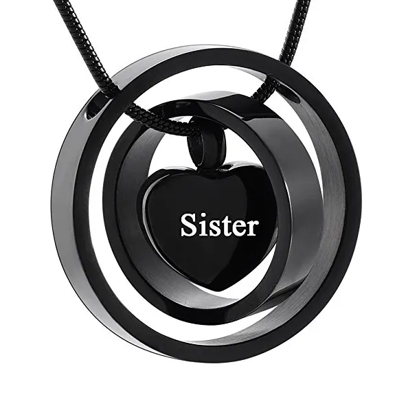 

JJ017 Black Heart Cremation Urn Jewelry With Two Circle Carved No Longer By My Side Foever In My Heart Memorial Locket Necklace