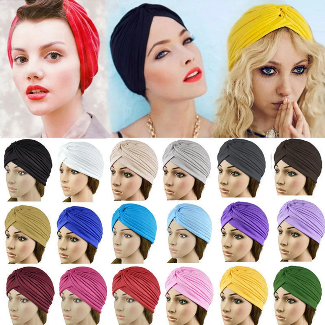 

2019 fashion Unisex Solid Broadcloth Plain Hijabs hat New Elastic Cloth forehead Knotted indian cap Women Muslim Headscarf