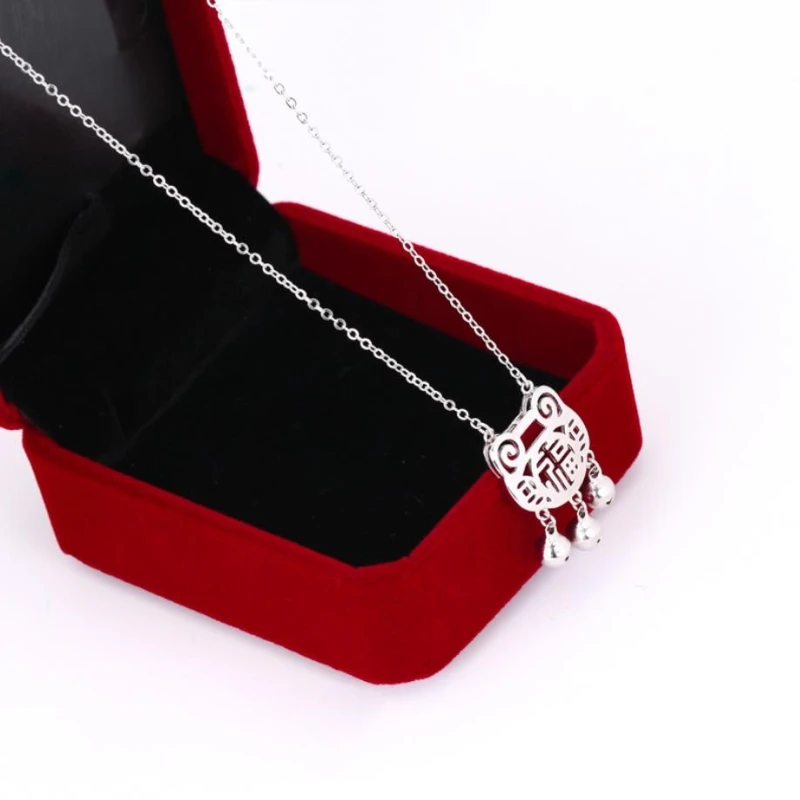 Longevity Lock Silver Pendant Hollow National Tassel Bell Color Temperament Female Necklace SNE123 | Украшения и аксессуары