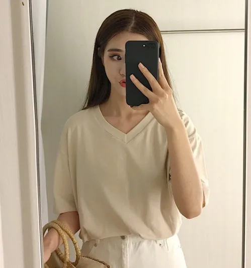 v neck beige 6 цветов, лето, v-образный вырез, сплошной цвет, базовый корейский стиль, винтажный стиль, футболки с коротким рукавом, женские топы, женская футболка(R960 - Цвет: v neck beige