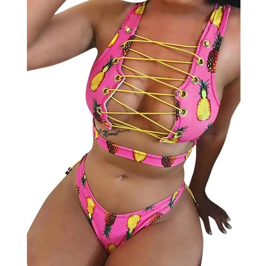 snowshine3 YLW Women Lace Up Bikini Set Push-up Padded Bra Mesh Swimsuit Bathing Suit Swimwear |