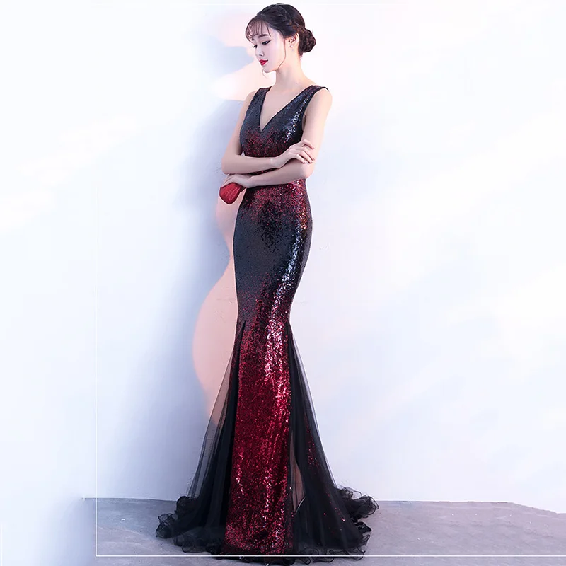 Роскошное красное градиентное блестящее черное Сетчатое длинное женское платье-русалка без рукавов элегантное платье для вечеринки