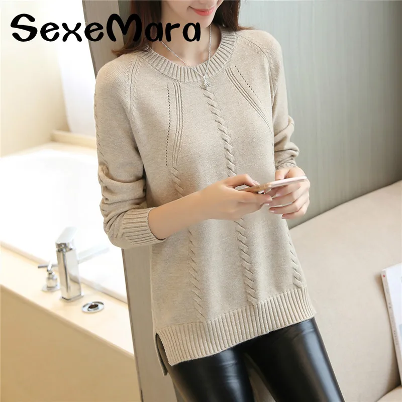 SexeMara Autumn Women Casual Sweates Wind Harajuku 2018 New Warm O-neck Long-sleeved Knitted Jumpers Split Fork Twist Sweater | Женская