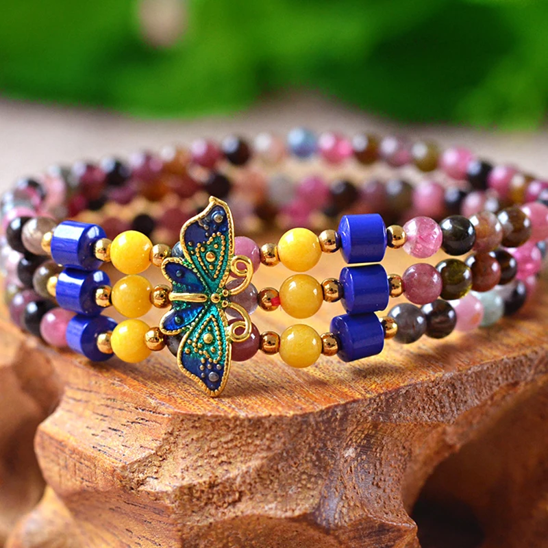 Турмалиновые браслеты из натурального камня с жареным синим камнем на удачу для