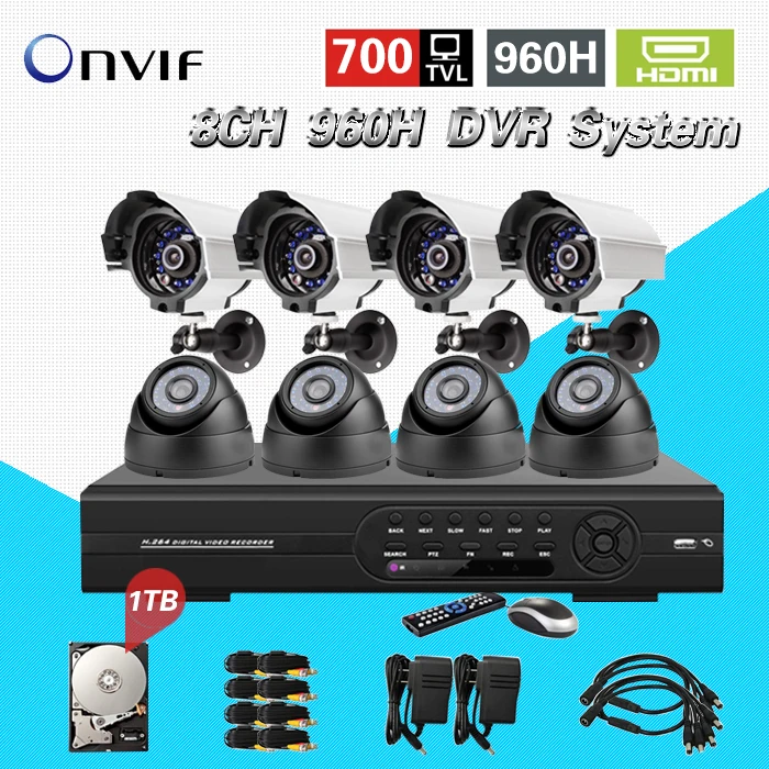 8ch видеонаблюдения Камера Системы 960 H DVR NVR 700TVL Крытый ИК комплект Товары теле и HDMI