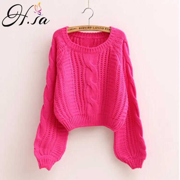 H.SA 2022 Women Winter Sweaters Korean Style Pink Pull Jumpers Solid Chic Short Sweater Twisted Femme kawaii Pullover roupa | Женская