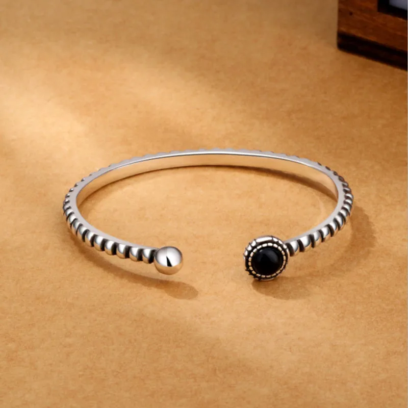 

New Arrival Retro 925 Sterling Silver Jewelry Bracelets Personality Round Black Gem Twist Wild Exquisite Bangles