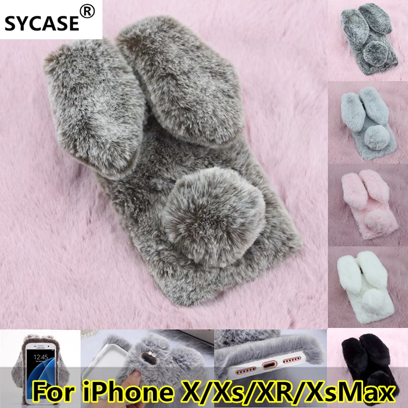 SYCASE For iPhone X XR XsMax Winter Cute Rabbit Furry phone case All Inclusive Drop Protection Cover Case Girl |