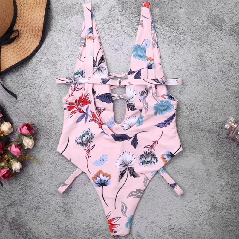 2019 женский сексуальный с высоким вырезом розовый принт Купальник одна деталь
