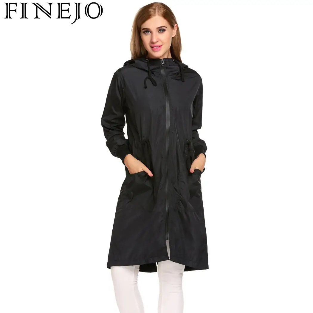FINEJO Женская куртка дождевик с капюшоном длинный рукав легкий плащ осенняя