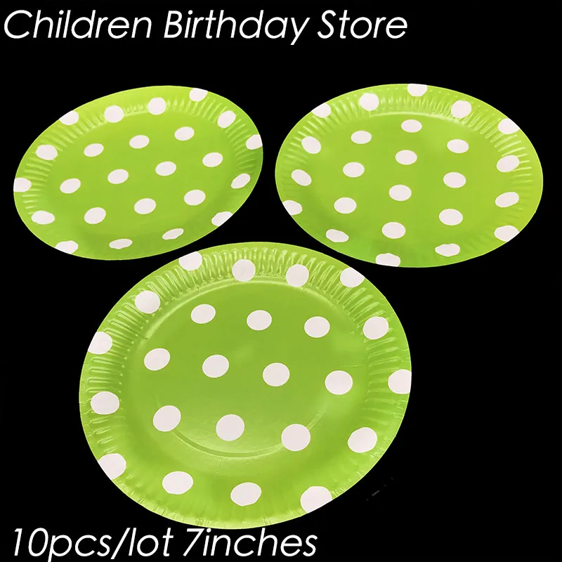 

10pcs/lot light green dots theme disposable plates polka dots theme birthday party decorations fruit green dots paper plates