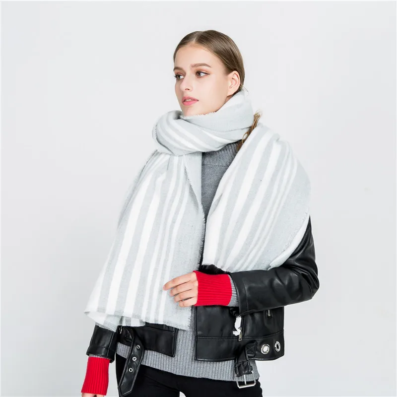 

POBING New za Winter Scarf Women Grey White Striped Soft Cashmere Scarves Oversized Shawls Wrap Long Pashmina Female Blanket