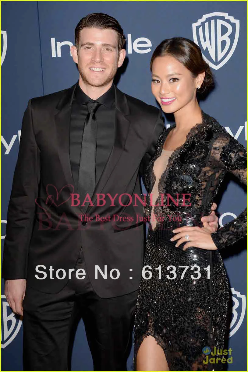 Jamie Chung V Neck Sheer Long Sleeves Side Slit Beads Black Lace 2014 71st Golden Globe Evening Celebrity Red Carpet Dresses | Свадьбы и