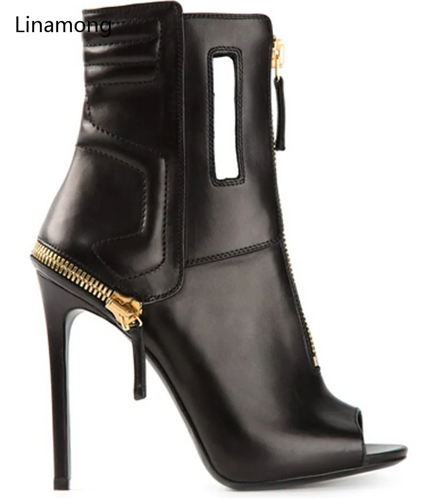 

newest design peep toe zipper design thigh high woman boots black genuine leather ankle boots for woman autumn motorcycle boots