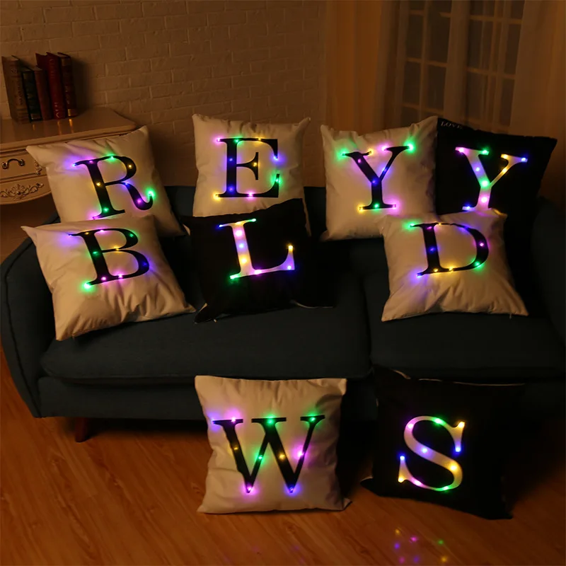 

26 Letters LED Night Light Cushion Cover Black and White Pillow Case chair/ Sofa Cushion Cover Creative Home Decor 45x45cm