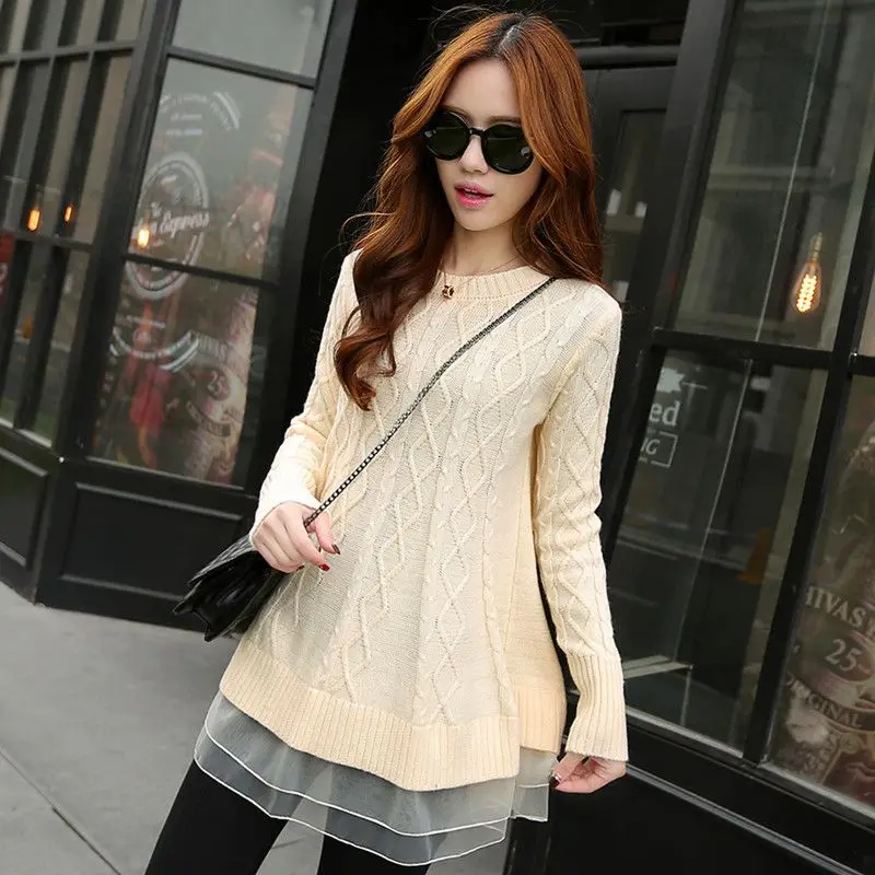 Korean Style Women's A-line Long Thin O-neck Gauze Bottoming Sweaters Loose Turtleneck Lace Hem Jacket | Женская одежда