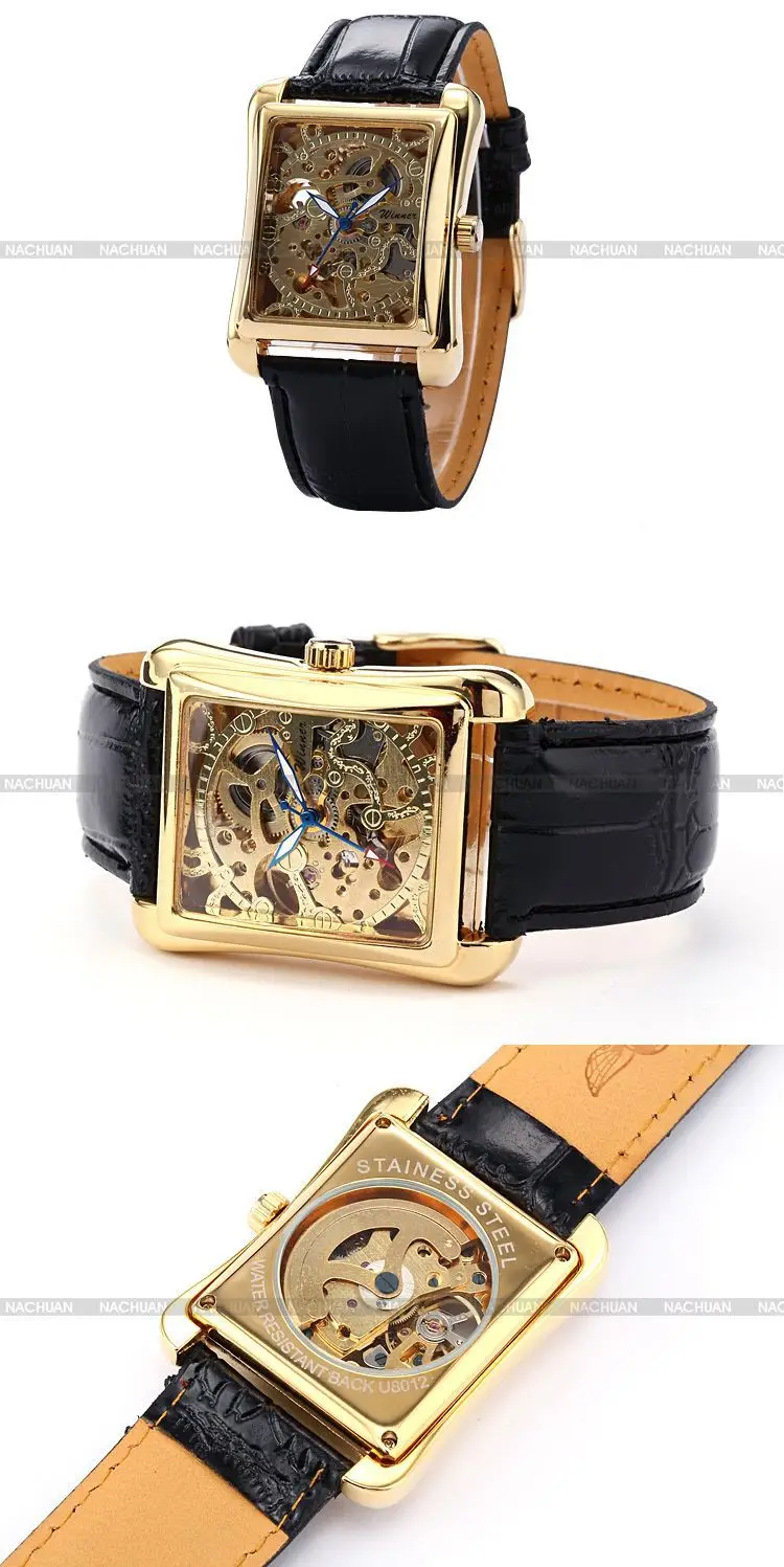 Часы скелетоны Winner Мужские механические прямоугольные золотистые дизайнерские