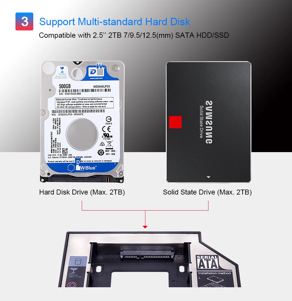 CHIPAL 2nd HDD Caddy 12,7 мм для 2," 2 ТБ SATA 3,0 SSD чехол Корпус жесткого диска коробка+ светодиодный для ноутбука CD-ROM DVD-ROM Optibay
