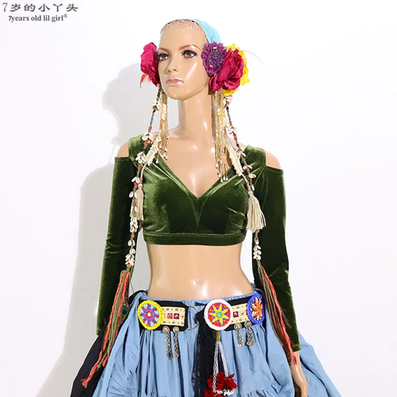 

Belly Dance Velvet Fat Chance Tribal Choli Costume Long Sleeve Top CRR01