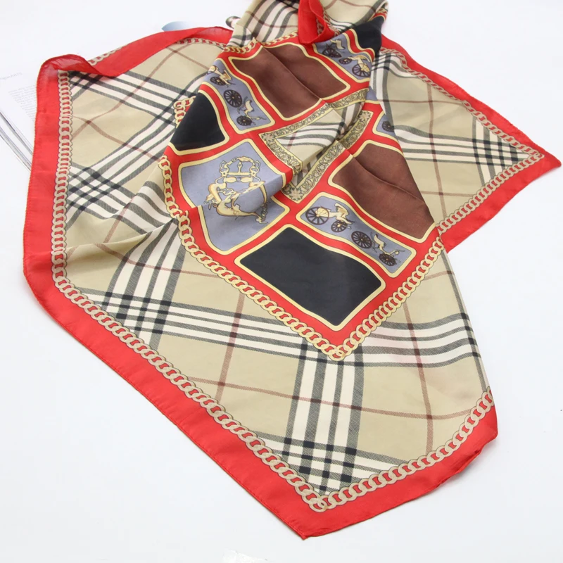 Роскошный фирменный летний шарф в клетку из полиэстера квадратный рифленый