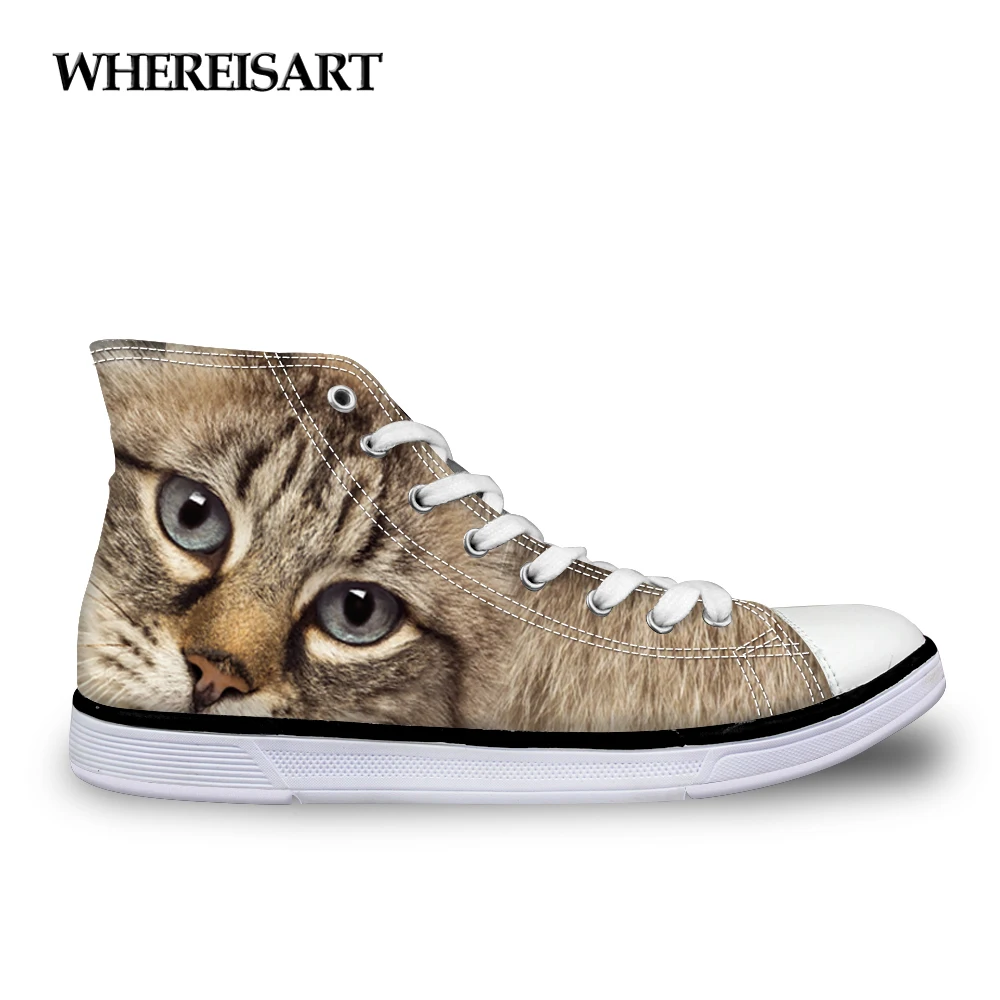 WHEREISART/парусиновая обувь с высоким берцем и принтом кошки собаки женская