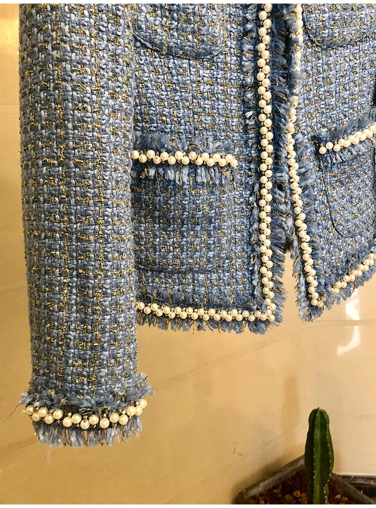 

Blue Tweed Jacket Coat 2019 Spring Autumn Women's Beading Long Sleeve Woolen Fringed Trim Tassels Pearl Pocket Office Jacket
