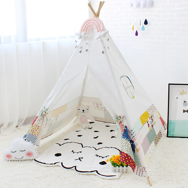 Четыре полюса индийская Игровая палатка пэчворк дети Teepees Дети типи палатка хлопок холст вигвам белый игровой домик для детской комнаты