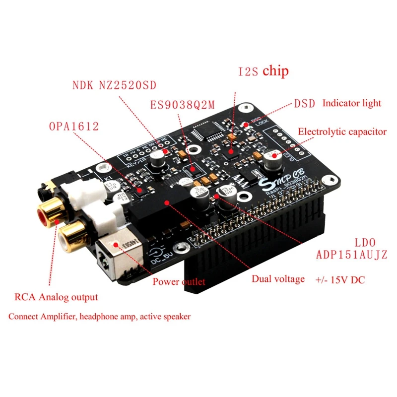 JABS Es9038Q2M Opa1612 Op декодер цифровой вещательной платы ies 32 бит/384 K Dsd128 для Raspberry Pi 2B 3B 3B+ Dac