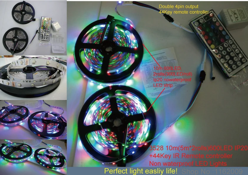 5lot*10M LED Strip 3528 RGB Flexible Light Nonwaterproof DC12V 600LEDs(300LEDs,5m/roll*2roll)+44 Keys IR Controller bright Kit