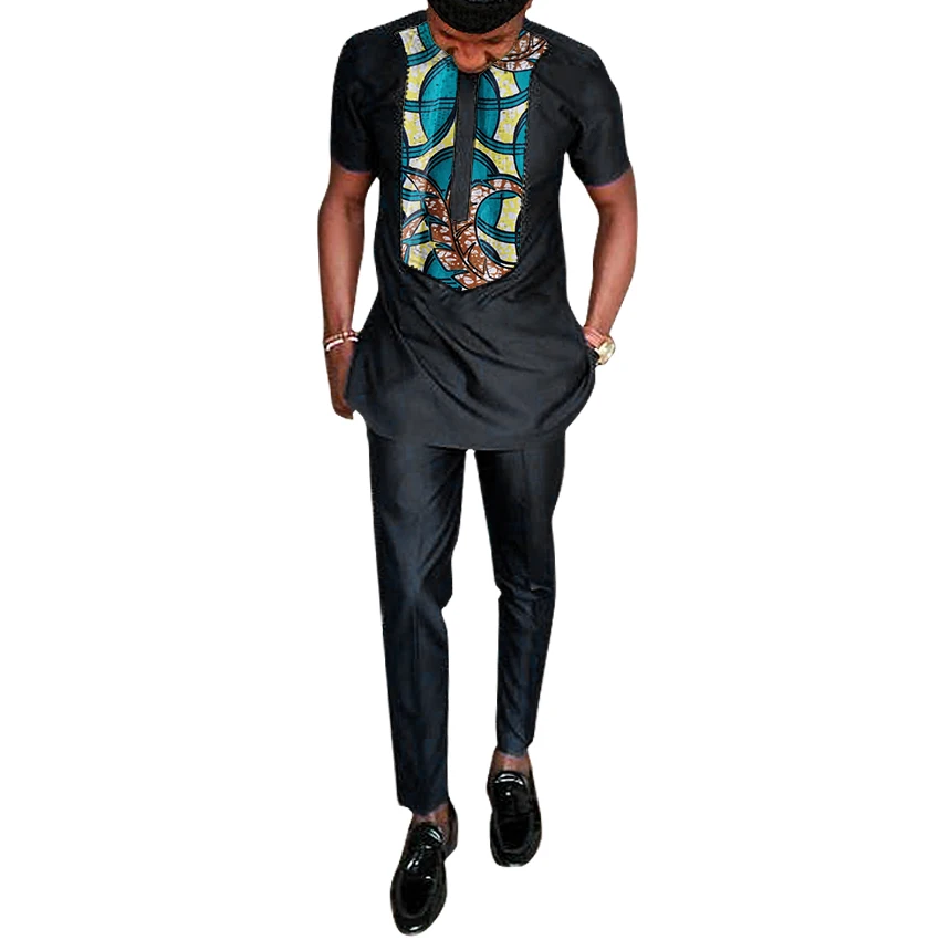 Black African clothing men's print set shirt with trouser patchwork Ankara pant sets customized wedding wear male formal outfits | Мужская