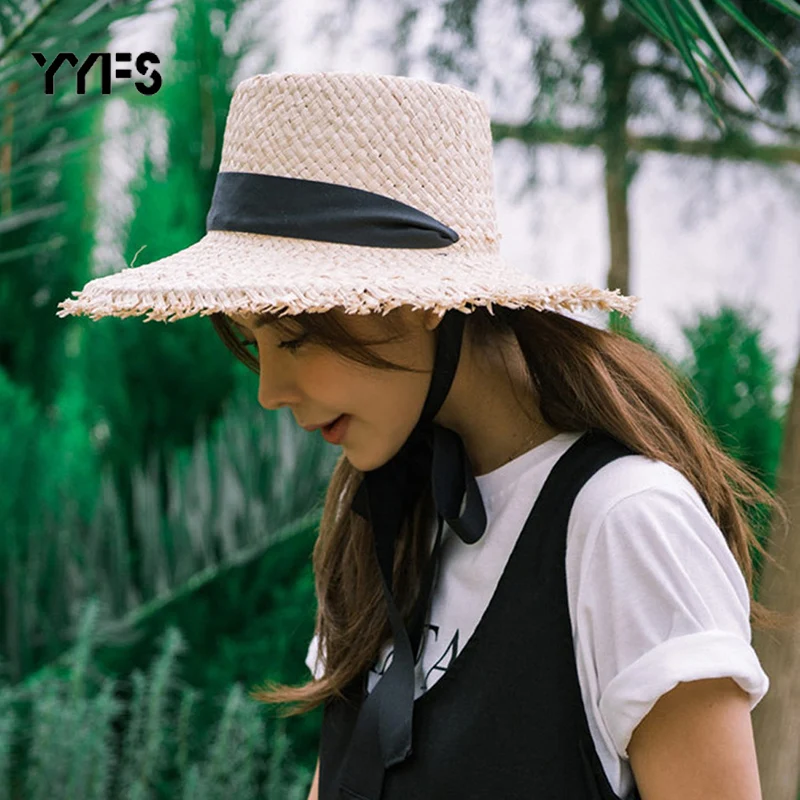 Шляпа женская Соломенная с широкой травой складная шапка козырьком черным