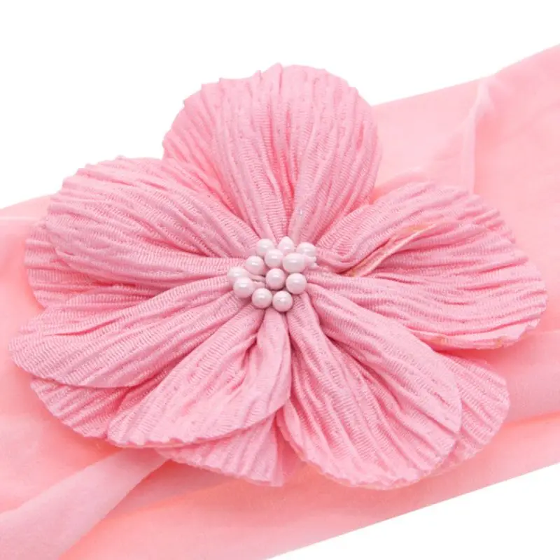 

Newborn Infant Baby Wide Headband Sweet Candy Color Flower Bows Stretchy Hairband Imitation Pearl Beaded Pleated Nylon Headwrap