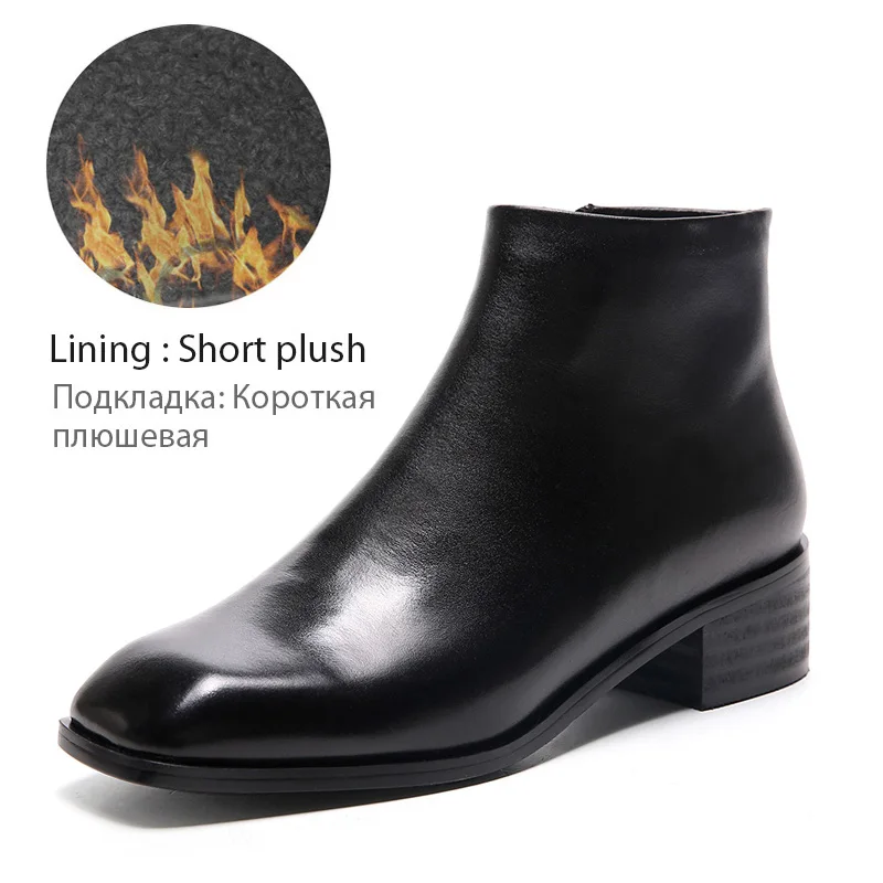 Black Lining Donna-in/женские ботинки из мягкой кожи; Черная женская зимняя обувь на среднем квадратном каблуке; повседневные женские ботильоны на молнии с коротким плюшем - Цвет: Black Lining