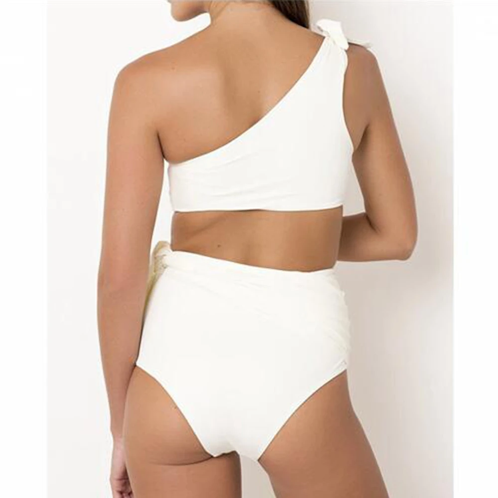 Women high waist bikini off shoulder swimsuit strappy bow swimwear waisted women sexy biquini ruffled | Женская одежда