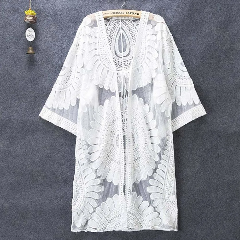 Женский пляжный кардиган Boho белый кружевной свободный с рукавом летучая мышь