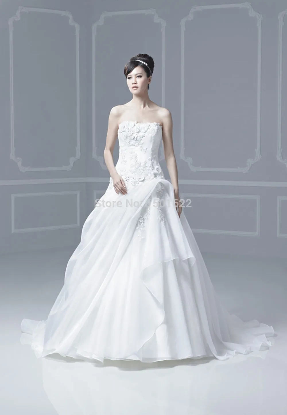 2014 free shipping vestido de noiva Elegant Strapless Crochet Applique Flower Wedding Dresses New Fashion Expansion Organza | Свадьбы и