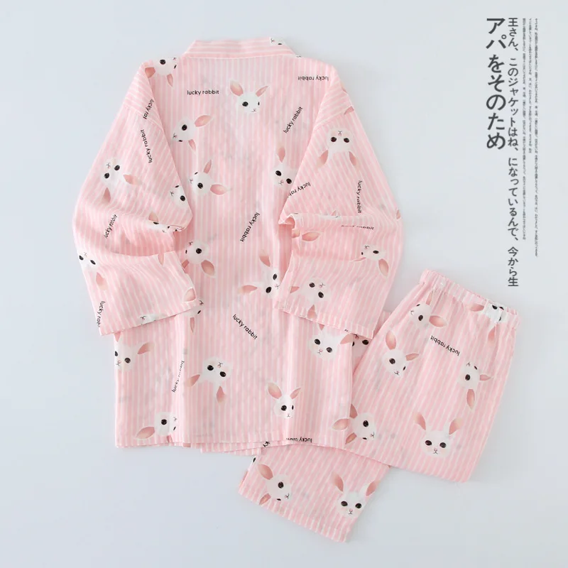 Pink rabbit Хлопок марлевые женские пижамы с длинным рукавом v-образным вырезом Pijama Mujer Весна и Лето Свободное кимоно сексуальная пижама комплект для сна - Цвет: Pink rabbit