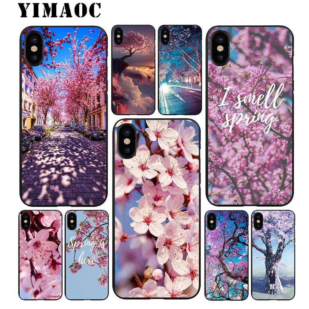 YIMAOC Вишневый цветок Мягкий ТПУ Черный силиконовый чехол для iPhone X или 10 8 7 6 6S Plus 5 5S