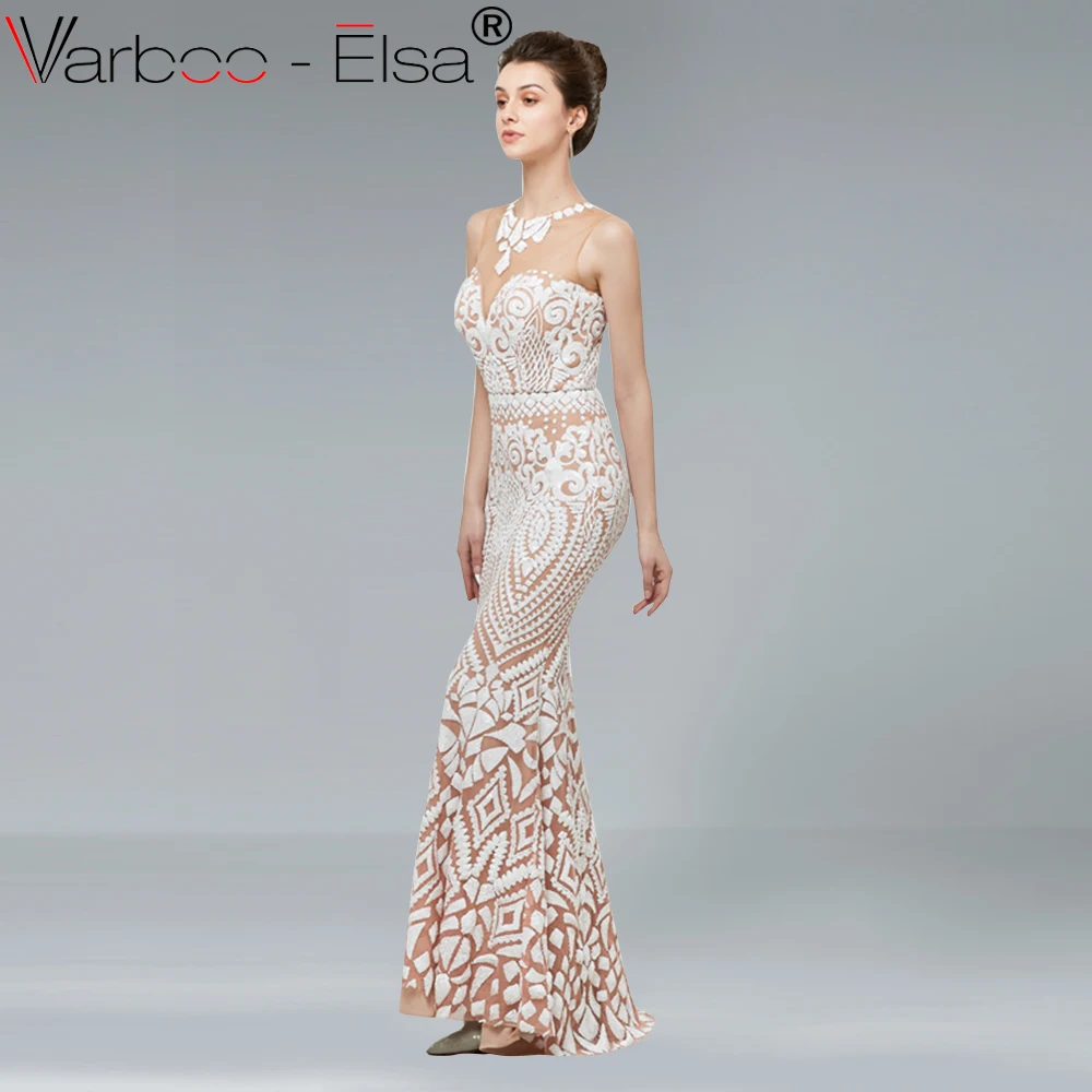 VARBOO_ELSA 2018 Новое расшитое блестками длинное вечернее платье бежевое без рукавов