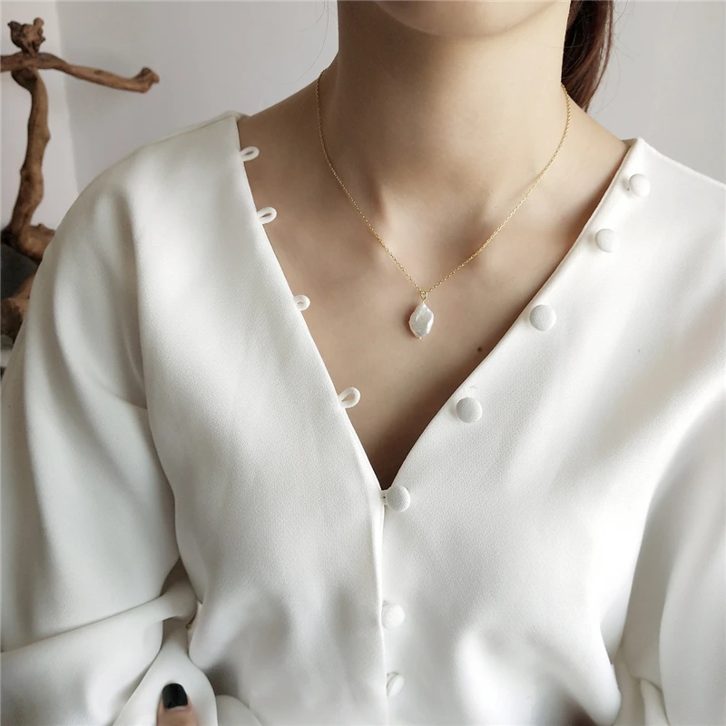 

925 Sterling Silver Jewelry Natural Pearl Simple Fashion Elegant White Baroque Pearl Necklace Pendant For Women Fine Jewelry