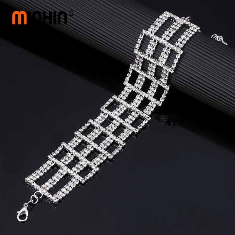 MINHIN Bracelet For Women Sparkling Rhinestone Mosaic Geometric Design Wide Hollow Bangles Wedding Jewelry | Украшения и