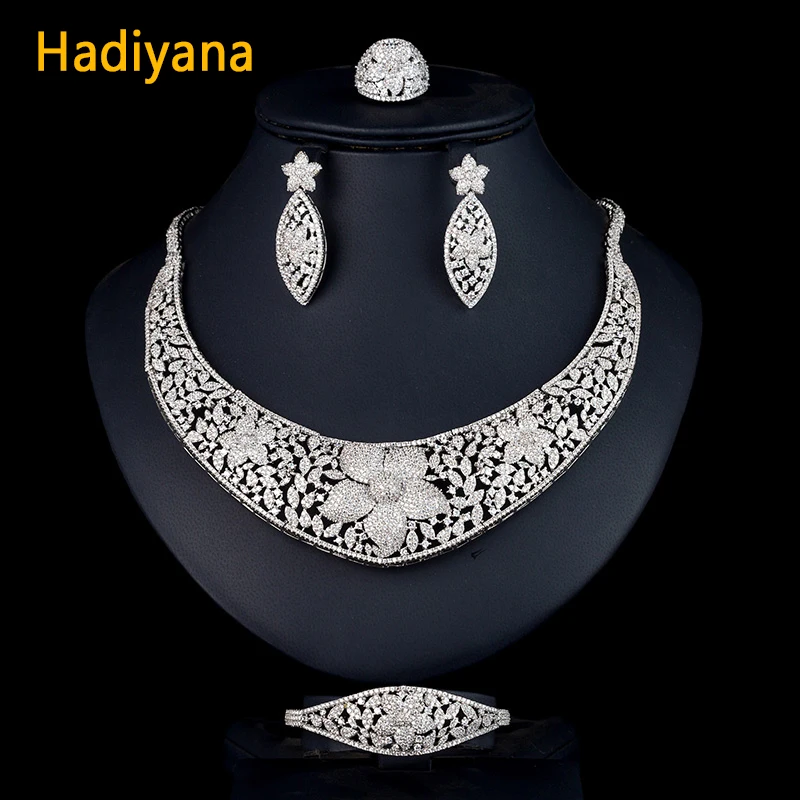 

Hadiyana Luxury CZ African Bridal Jewelry 4pcs Sets Necklace Earrings Ring And Bracelet Fashion Women Wedding Accessories CN776