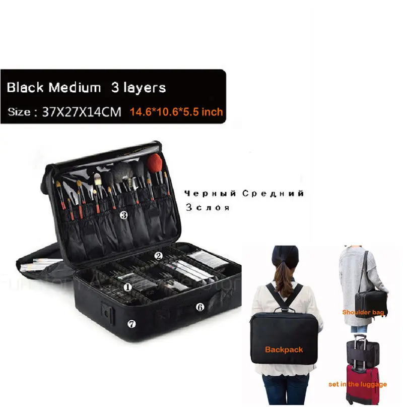 Black M 3 layers Высокое качество пустой женский Профессиональный органайзер для макияжа Косметический Чехол дорожная сумка для багажа большая коробка для хранения макияжа чехол для костюма s - Цвет: Black M 3 layers
