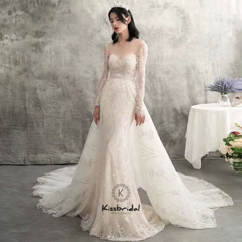 

Новейшая модель "Русалка", свадебные платья со съемным шлейфом, кружевные свадебные Длинные свадебные платья с рукавами, 2019