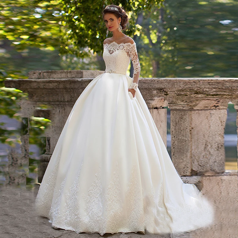 Newest Desinger Wedding Dress Long Sleeves Boat Neck vestido de novia with Sash Satin Ball Gown Bridal 2016 Lace Plus Size | Свадьбы и