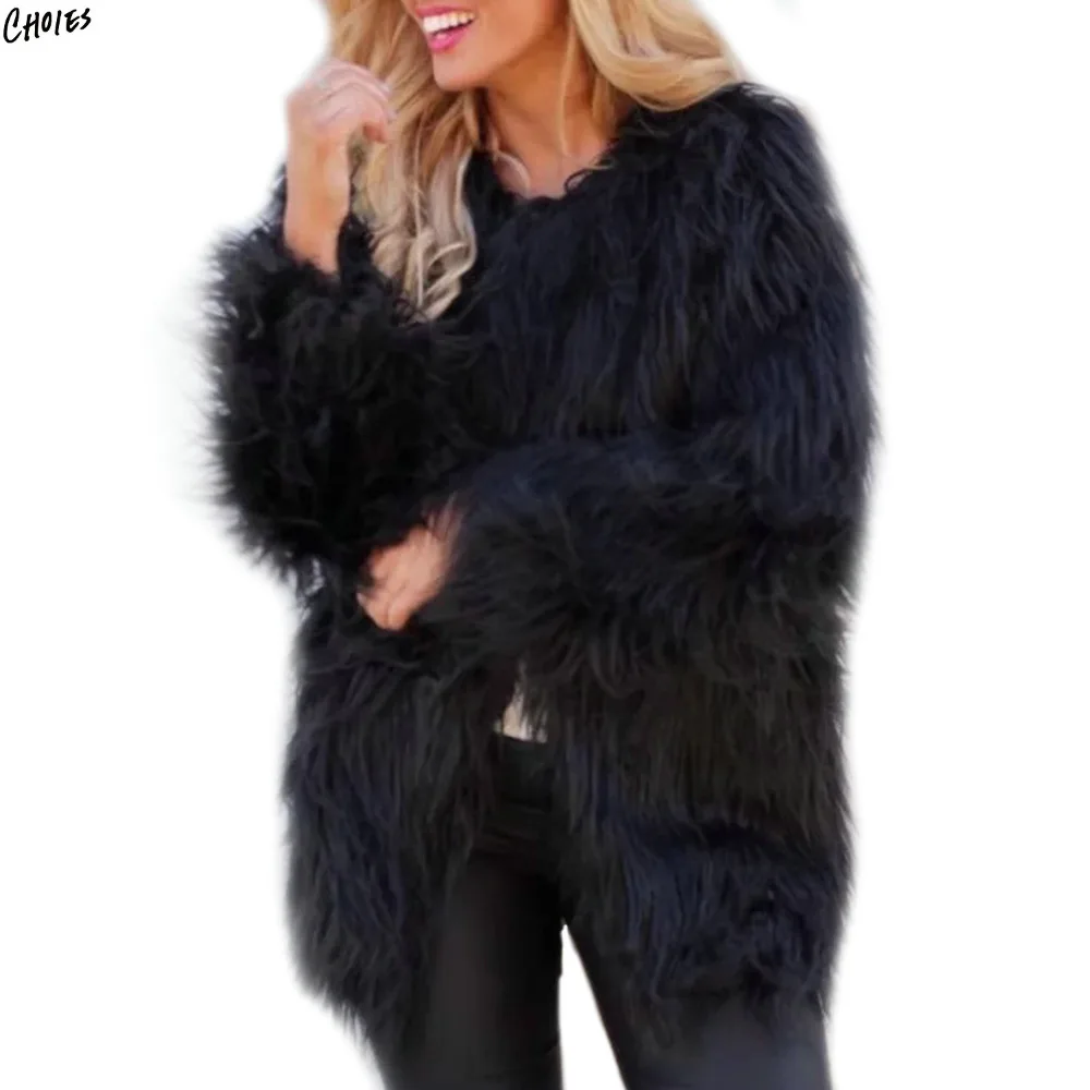 Черное пушистое длинное пальто с искусственным мехом зима 2017 новинка v-образный
